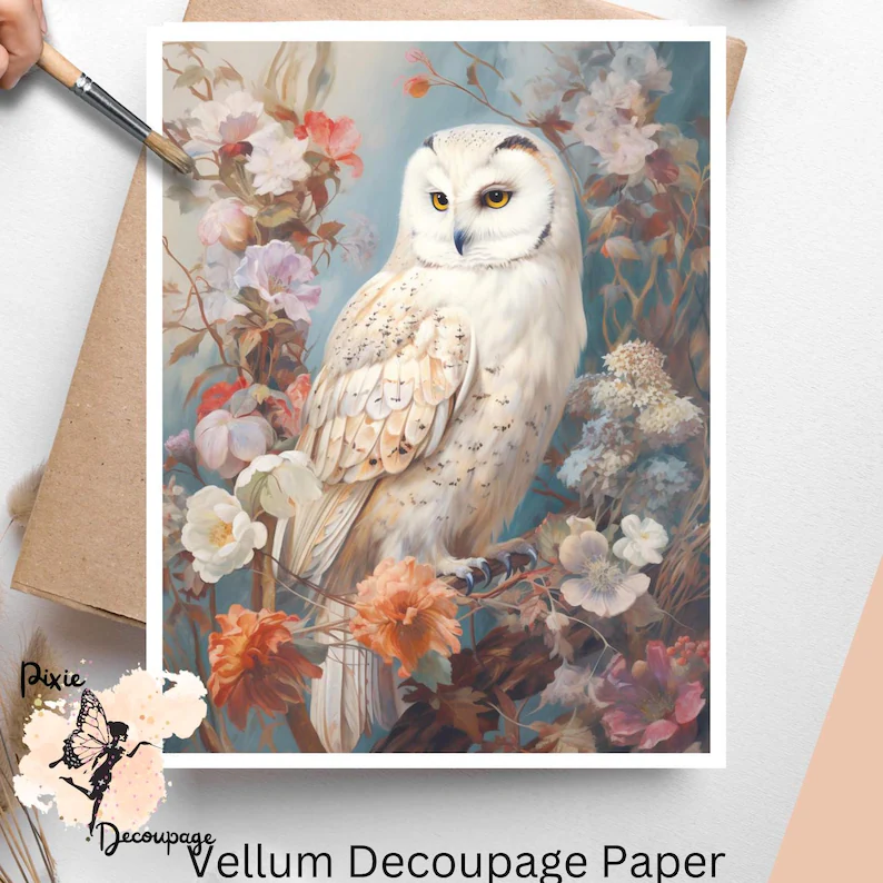 One image of a snow owl. Snow Owl in Florals 2, Vellum Decoupage Paper