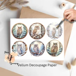 Six images of owls in a snowy background. Owl in Snowy Forest Collage 2, Vellum Decoupage Paper