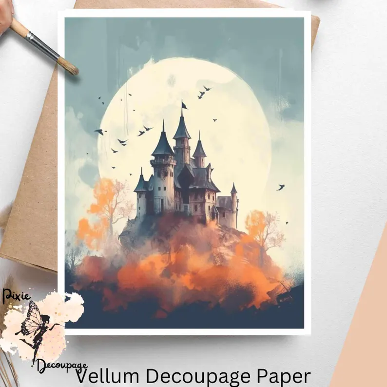 Spooky image of a castle. Spooky Castle 1, Vellum Decoupage Paper
