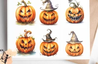 Six images of spooky pumpkins. Halloween Spooky Pumpkin Collage 2, Vellum Decoupage Paper