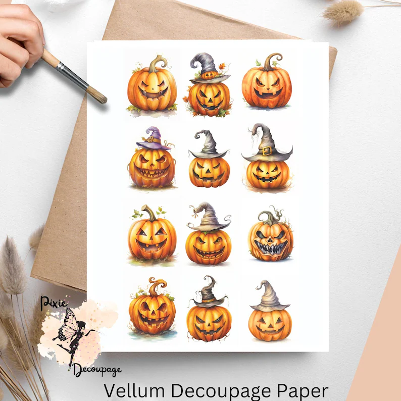 Twelve images of spooky pumpkins. Halloween Spooky Pumpkin Collage 3, Vellum Decoupage Paper