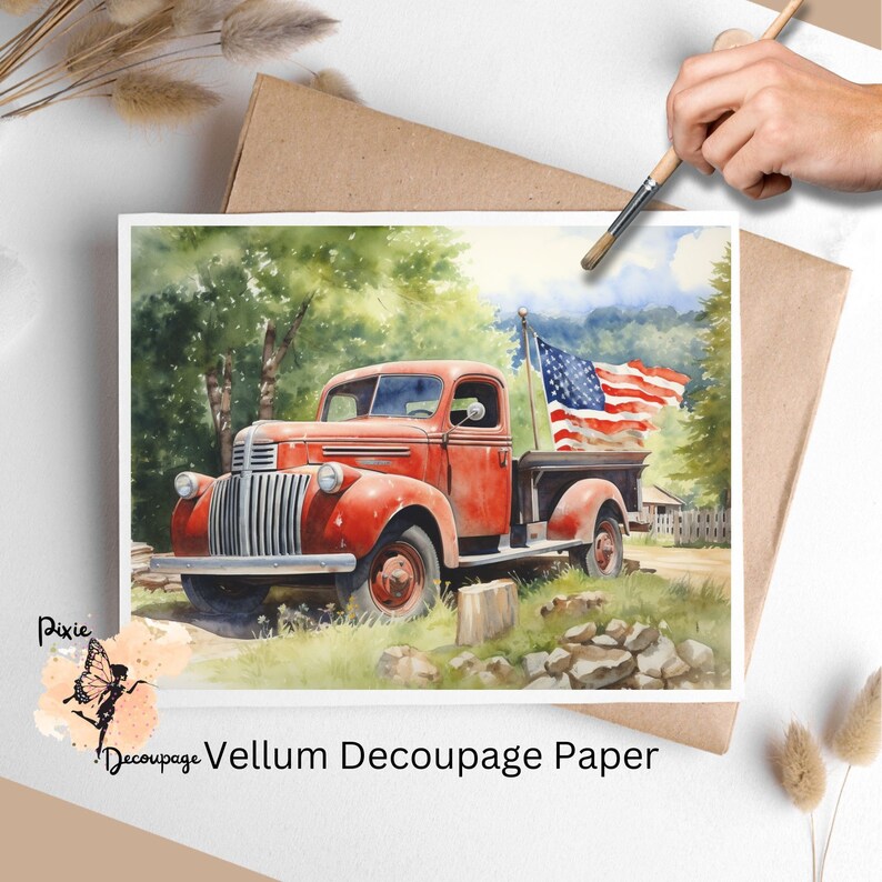 Image of a vintage red truck. Patriotic Vintage Truck 1, Vellum Decoupage Paper