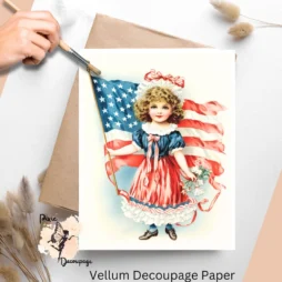 Image of a girl and the American flag. Vintage Patriotic Girl 1, Vellum Decoupage Paper