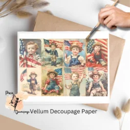 Eight vintage images of boys and the American flag. Vintage Patriotic Boy Collage 4, Vellum Decoupage Paper