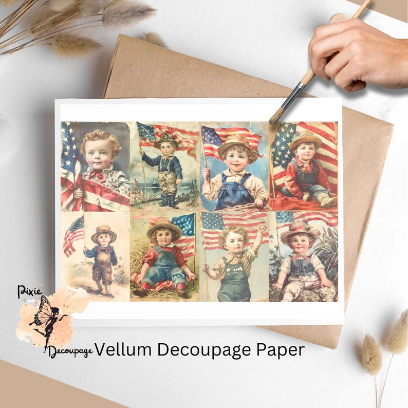 Eight vintage images of boys and the American flag. Vintage Patriotic Boy Collage 4, Vellum Decoupage Paper