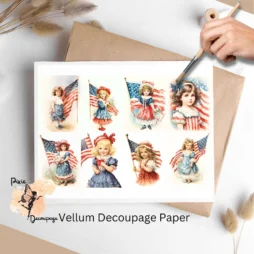 Eight images of children and the American flag. Vintage Patriotic Girl Collage 7, Vellum Decoupage Paper