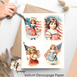 Four images of children and the American flag. Vintage Patriotic Girl Collage 1, Vellum Decoupage Paper