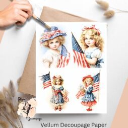Four images of vintage girl with the American flag. Vintage Patriotic Girl Collage 3, Vellum Decoupage Paper