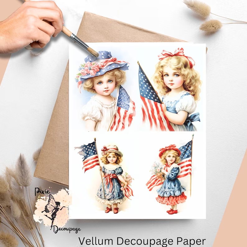 Four images of vintage girl with the American flag. Vintage Patriotic Girl Collage 3, Vellum Decoupage Paper