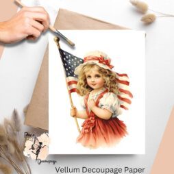 Image of a vintage girl by an American flag. Vintage Patriotic Girl 5, Vellum Decoupage Paper