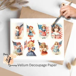 Eight images of girls and the American flag. Vintage Patriotic Girl Collage 7, Vellum Decoupage Paper