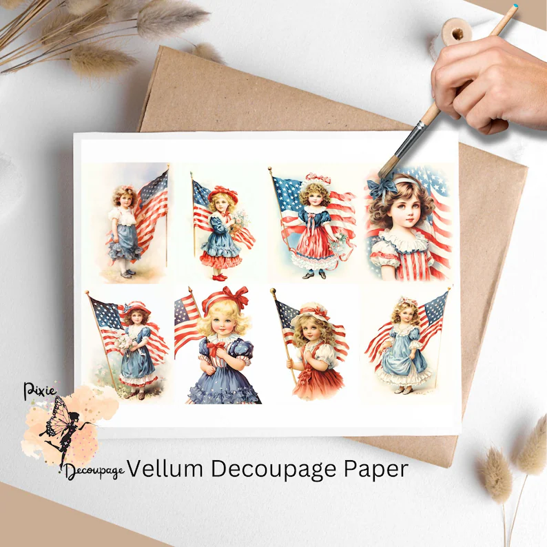 Eight images of girls and the American flag. Vintage Patriotic Girl Collage 7, Vellum Decoupage Paper