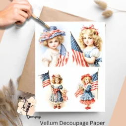 Four images of girls and the American flag. Vintage Patriotic Girl Collage 3, Vellum Decoupage Paper