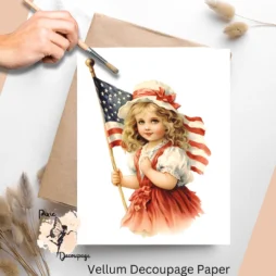 Image of a girl and the American flag. Vintage Patriotic Girl 5, Vellum Decoupage Paper