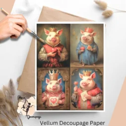 Four images of pigs wearing crowns. Valentine King Pig Collage 1, Vellum Decoupage Paper