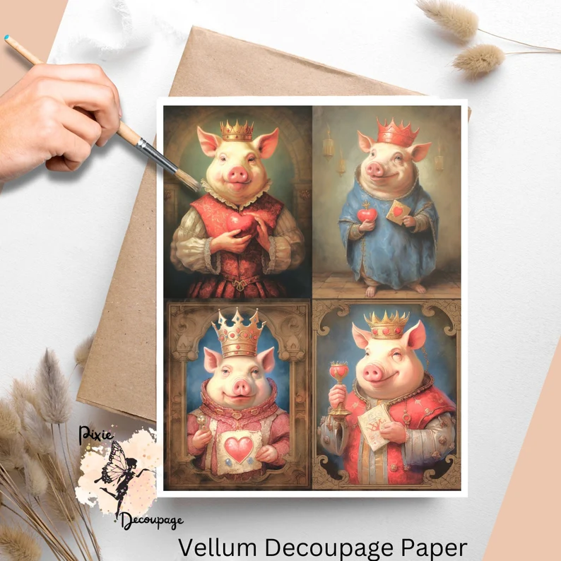 Four images of pigs wearing crowns. Valentine King Pig Collage 1, Vellum Decoupage Paper
