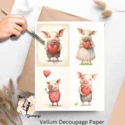 Four images of pigs holding red balloons. Valentine Pig Collage 1, Vellum Decoupage Paper
