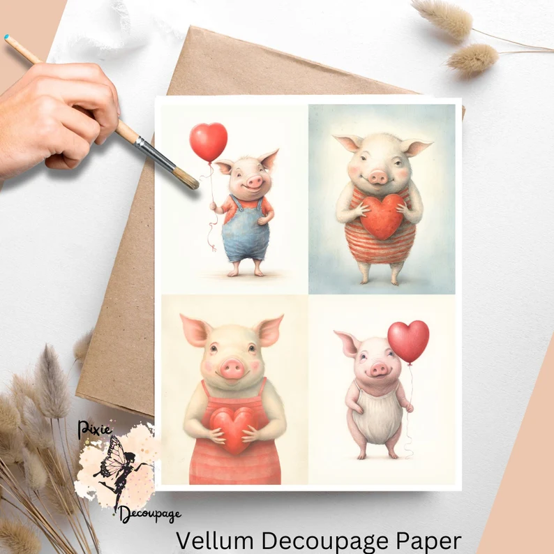 Four images of pigs holding red balloons. Valentine Pig Collage 2, Vellum Decoupage Paper
