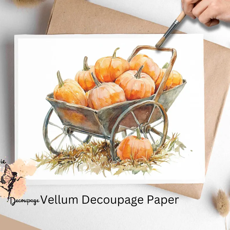 Image of a wheelbarrow full of pumpkins. Wheelbarrow with Pumpkins 1, Vellum Decoupage Paper
