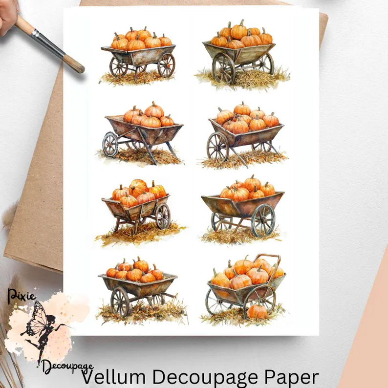 Eight images of wheelbarrows full of pumpkins. Wheelbarrow with Pumpkins Collage 1, Vellum Decoupage Paper