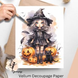 Image of a witch and pumpkins. Whimsical Halloween Witch 1, Vellum Decoupage Paper