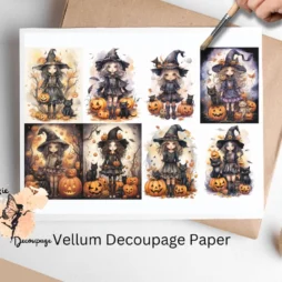 Eight images of witches. Whimsical Halloween Witch Collage 1, Vellum Decoupage Paper