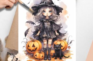 Image of a witch and pumpkins. Whimsical Halloween Witch 1, Vellum Decoupage Paper