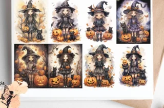 Eight images of witches. Whimsical Halloween Witch Collage 1, Vellum Decoupage Paper