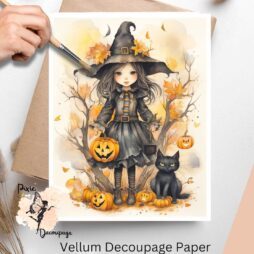 Image of a cute and spooky witch with a black cat. Whimsical Halloween Witch 2, Vellum Decoupage Paper