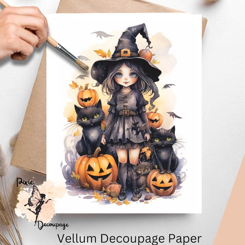 Image of a cute witch with a black cat. Whimsical Halloween Witch 3, Vellum Decoupage Paper