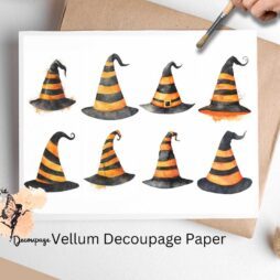 Eight cute witch hats in orange and black. Witch Hat Collage 1, Vellum Decoupage Paper