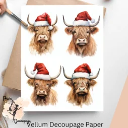 Four images of highland cows wearing Santa Hats. Highland Cow Portrait with Santa Hat Collage 1, Vellum Decoupage Paper