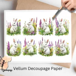 White Bunny in Flowers Collage 1, Vellum Decoupage Paper