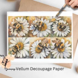 Six images of bees sitting on daisies. Bee on Daisy Flower Collage 3, Vellum Decoupage Paper
