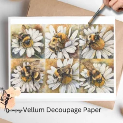 Six images of bees sleeping in daisies. Bee on Daisy Flower Collage 4, Vellum Decoupage Paper