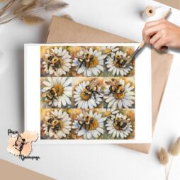 Nine images of bees sitting on daisies. Bee on Daisy Flower Collage 5, Vellum Decoupage Paper