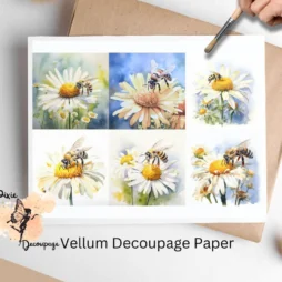 Six images of bees on daisies. Bee on Daisy Flower Collage 1, Vellum Decoupage Paper