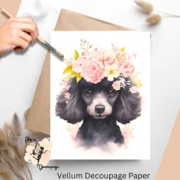 Image of a black poodle and flowers. Black Poodle Portrait 1, Vellum Decoupage Paper