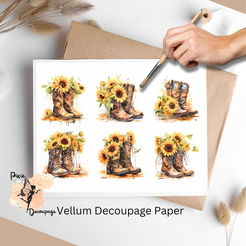 Cowboy Boots with Sunflowers Collage 2, Vellum Decoupage Paper
