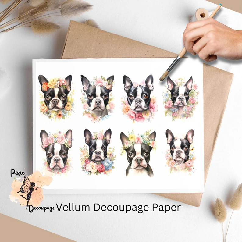 Boston Terrier Portrait Collage 1, Vellum Decoupage Paper