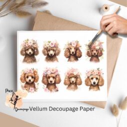 Eight images of brown poodles and flowers. Brown Poodle Portrait Collage 1, Vellum Decoupage Paper