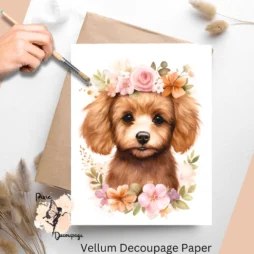 Image of a brown poodle and flowers. Brown Poodle Portrait 1, Vellum Decoupage Paper