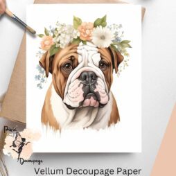 Image of a bulldog and flowers. English Bulldog Portrait 1, Vellum Decoupage Paper