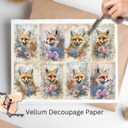 Eight images of foxes and flowers. Shabby Chic Fox Collage 1, Vellum Decoupage Paper
