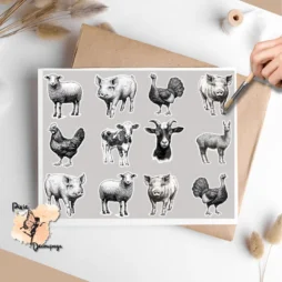 Twelve images of different farm animals. Farm Animals Fussy Cuts Collage 1, Vellum Decoupage Paper