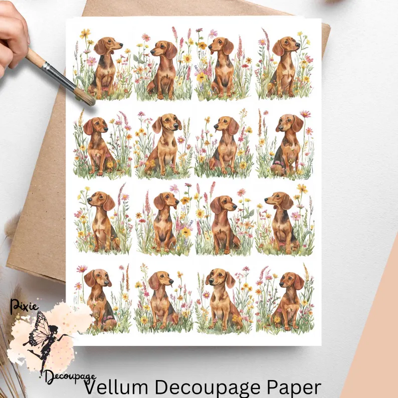 Dachshund in Flowers Collage 2, Vellum Decoupage Paper