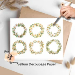 Six images of daisies in the shape of wreaths. Daisies Wreath Collage 1, Vellum Decoupage Paper