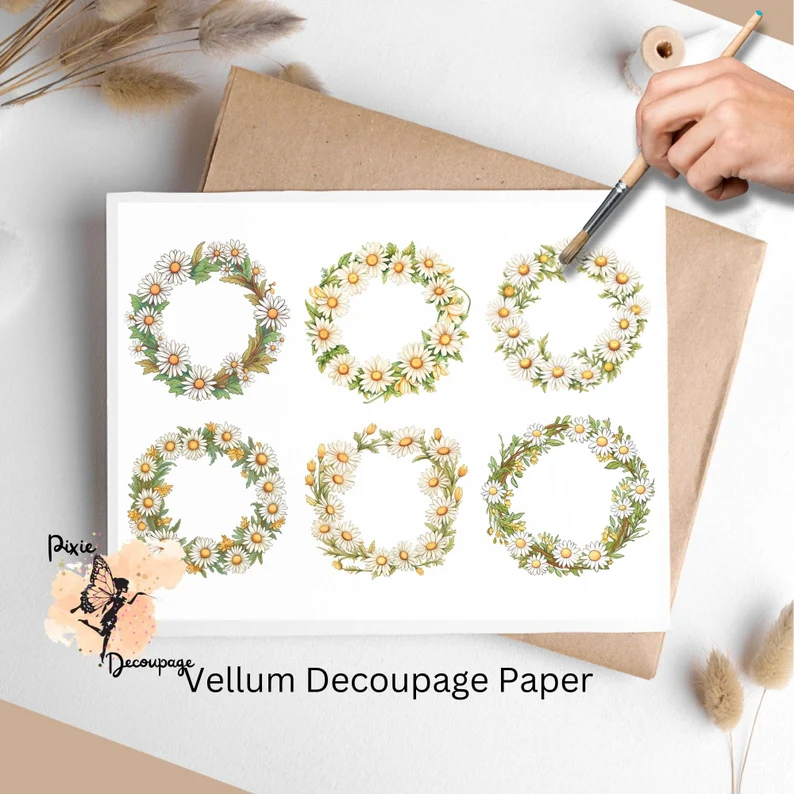 Six images of daisies in the shape of wreaths. Daisies Wreath Collage 1, Vellum Decoupage Paper