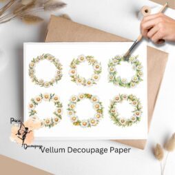 Six images of daisies arranged as a wreath. Daisies Wreath Collage 2, Vellum Decoupage Paper