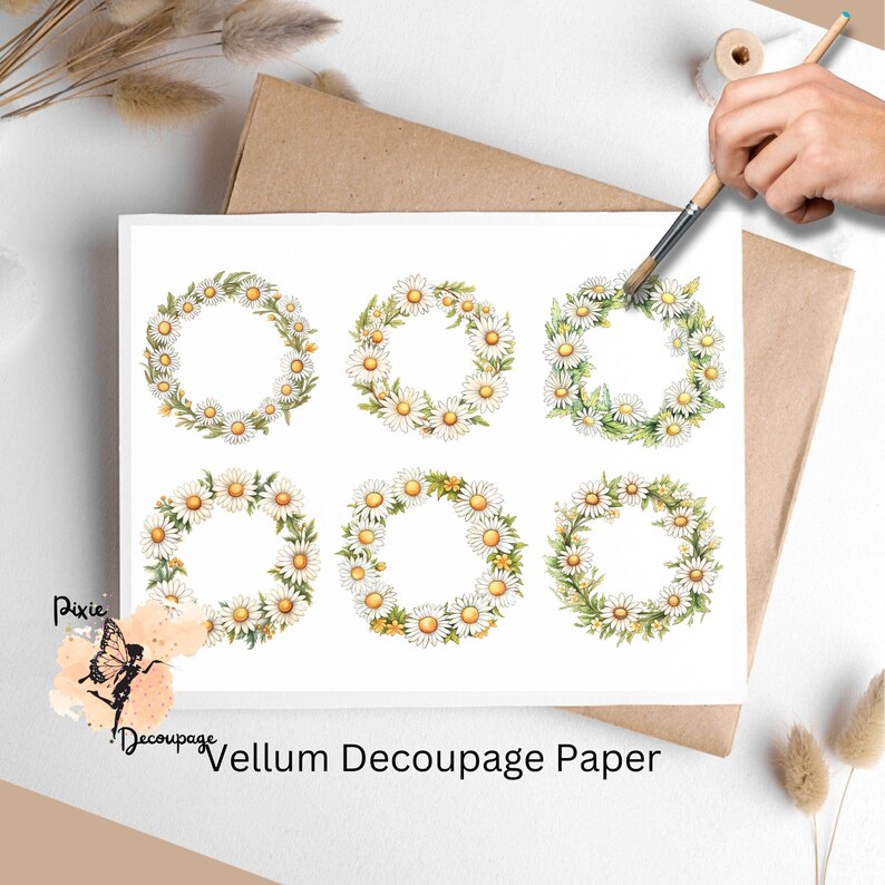 Six images of daisies arranged as a wreath. Daisies Wreath Collage 2, Vellum Decoupage Paper